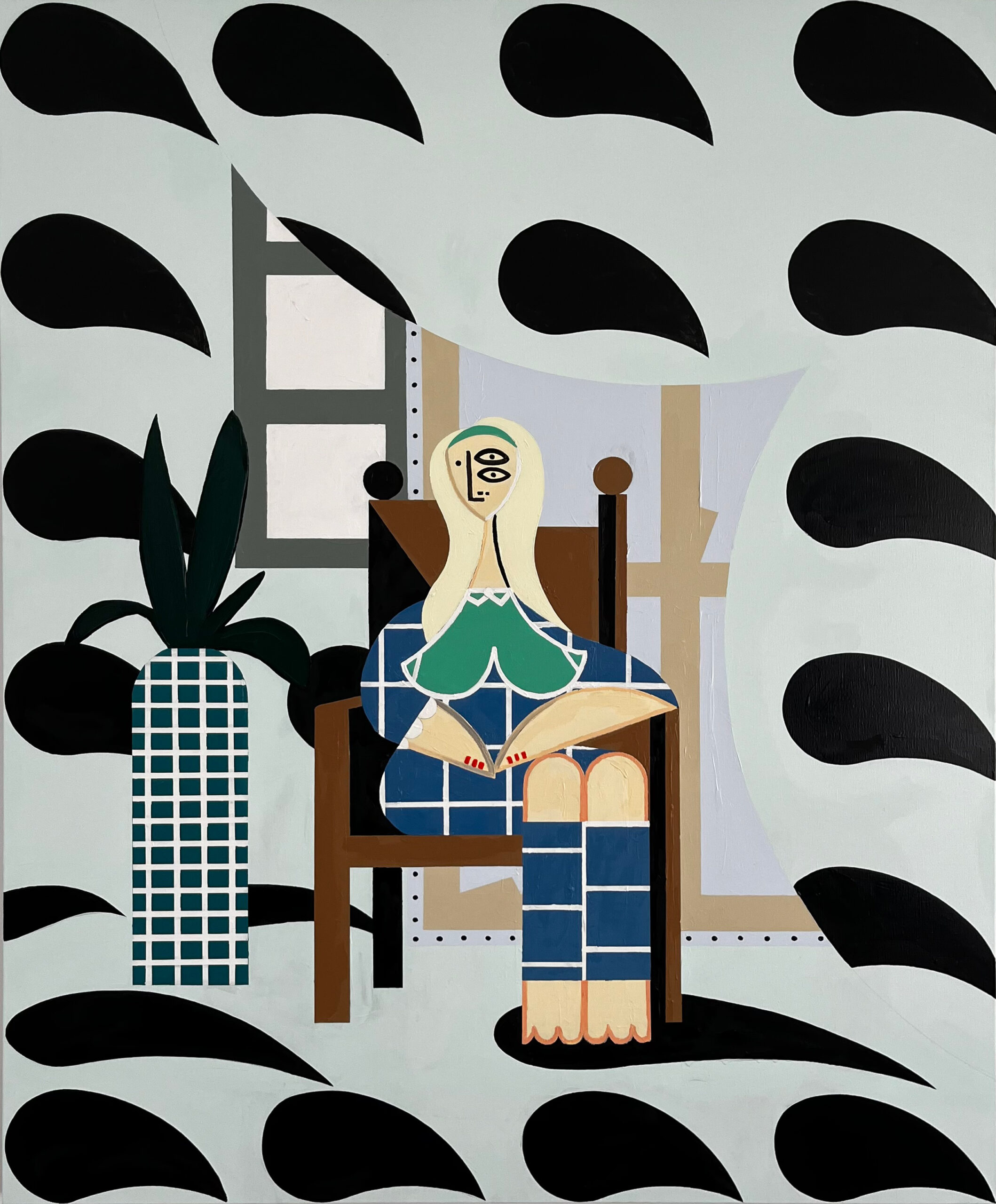 Farah-Atassi,-Seated-Woman-with-Yellow-Hair,-200-x-160-cm